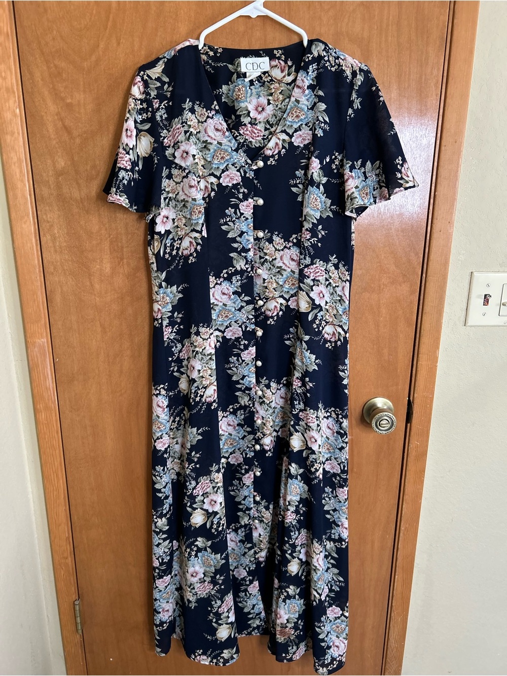 Vtg 90s CDC Womens Dress Sz 8 Navy Blue Floral Midi Cottagecore Button Front